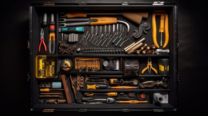 Wall Mural - Top view shot of toolbox and various reparement tools on black table top