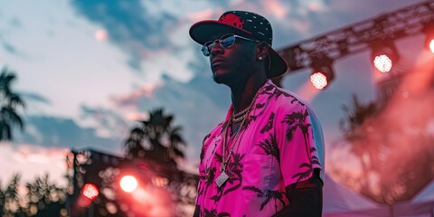 Rapper performing on stage at a summer hip-hop festival. Smoke and colorful lights as the emcee spits on the mic