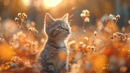 Portrait of a ginger kitten in a field among autumn grass in the sunlight during the plucking season