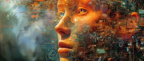 Wall Mural - artificial intelligence like young man, portrait of futuristic humanoid ai robot on abstract digital