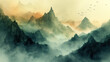 mystical mountain peaks shrouded in mist. The painting is executed in warm pastel colors, reminiscent of Chinese watercolors