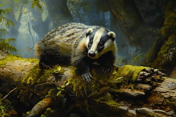 Wall Mural - Oil painting of a badger next to a moss covered fallen log in a green misty forest, generated with ai