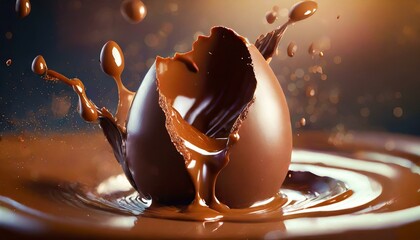 Sticker - Chocolate Easter Egg falling on top of melted chocolate and throwing it into the air.
