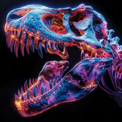 Wall Mural - A t-rex dinosaur skull, neon colors, halo graphic, plain black background,generated with ai