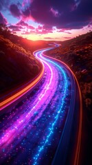 Wall Mural - Abstract road with speed motion blur light streaks in purple, blue, and aquamarine, suitable for technology, business, or futuristic concept designs, generated with AI