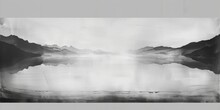 Black And White Painting Of The Horizon Line, A Large Sea With Foggy Mountains On Both Sides, Minimalist, Surrealistic,generated With Ai