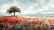 Cartoon watercolor image of a saint poppy field, generated with ai