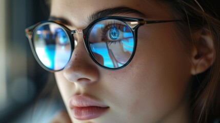 Wall Mural - Rendered ai woman wearing glasses works on her laptop. Close-up of the woman's glasses with the laptop reflection. 