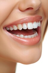 Wall Mural - Close up of a happy woman's mouth with healthy teeth isolated on a white background, generated with AI