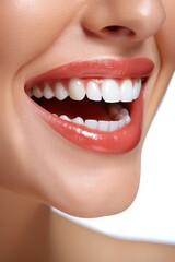 Wall Mural - Close up of a happy woman's mouth with healthy teeth isolated on a white background, generated with AI