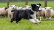 Border collie puppy herding sheep in lush green pasture, showcasing intelligent work ethic