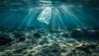 Plastic bag in the ocean, rays of light penetrating the ocean underwater, generated with ai
