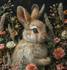 Wall Mural - Whimsical vintage victorian woodland rabbit, cottagecore, muted colors, black background,generated with ai