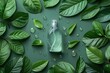 Clear glass bottle with mist spray nozzle on green background among wet leaves