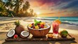 A serene beach scene at sunset, with a chilled tropical fruit salad and refreshing drinks served with coconut cocktail on the beach