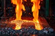 Molten metal pouring into mold with sparks flying, industrial foundry process