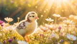Fototapeta  - sunny easter meadow adorable chick amongst vibrant flowers sun rays illuminate panoramic background offers copy space