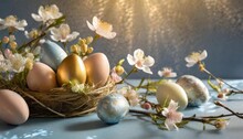 Easter Background With Easter Eggs And Spring Flowers On Blue Table