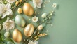 happy easter flat lay composition easter eggs with flowers on pastel green background easter card design template
