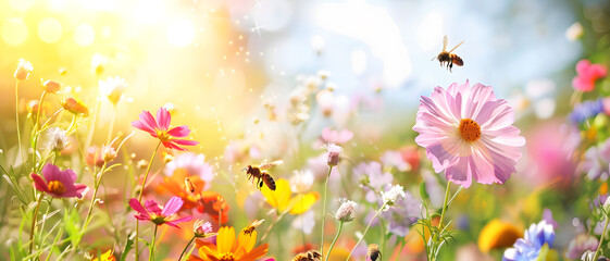 Bright sunbeams illuminate bees and colorful flowers in a lively meadow with a light breeze