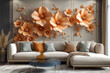 Elegant Neutral-toned Living Area with 3D Floral Wall Art and Plush Textures