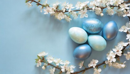 Canvas Print - frame with blue easter eggs and white cherry blossoms on bright blue background happy easter concept simple spring template greeting card banner top view flat lay with copy space