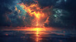 Dramatic depiction of the ocean at sunrise or sunset with colorful clouds and lightning in the sky reflected on the surface of the water