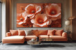 Chic Living Room with Coral Sofa and Coordinating Poppy Wall Canvas