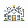 Icons and graphic elements related to Smart Home: Image of a house with integrated smart control symbols - light bulb, thermostat and lock Job ID: fd18bc8a-195e-40bc-9358-acf14c060766