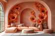 Bohemian Arch Nook Adorned with Oversized Poppy Decor and Peach Seating