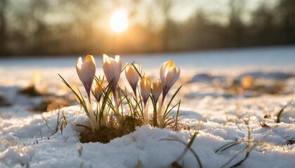 Wall Mural - crocuses in the snow first spring flowers easter background