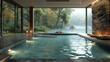 A serene indoor swimming pool in a luxurious spa or residential setting with floor-to-ceiling windows offering a panoramic view of a misty forest