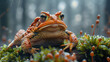 Close-up of an orange toad sitting on moss in a misty forest, with a disgruntled expression on its face
