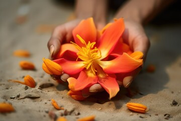 A close-up of a person delicately holding a vibrant Bombax ceiba flower, showcasing a tender connection to nature. Generative AI