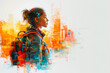 A young woman with a backpack stands before a cityscape, captured in a vibrant digital painting, conveying the spirit of exploration and the urban experience