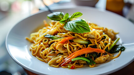 Poster - The noodles are a vibrant yellow color, cooked to a soft texture.