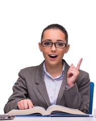 Wall Mural - Young businesswoman in office isolated on white