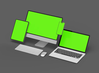 3d render of desktop, laptop, smartphone and tablet on a dark background