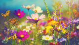 Fototapeta Do pokoju - Wild flowers of clover and butterfly in a meadow in nature in the rays of sunlight in summer in the spring close-up of a macro. A picturesque colorful artistic image with a soft focus