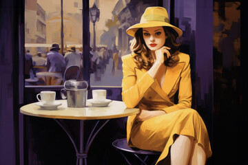 Wall Mural - Woman in yellow clothes and hat in a purple Parisian cafe