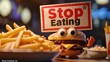 Whimsical plea: cartoon characters, fast food holding a sign 'Stop Eating Us.' A playful take on the concept of proper nutrition and the pursuit of a healthier lifestyle.