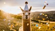 photo of a llama wearing a party hat and confetti
