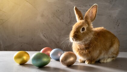 Wall Mural - easter bunny next to colorful eggs on a gray background copy space