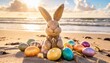 cute rabbit toy and colorful painted easter eggs at the beach under sunshine