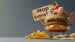 Whimsical plea: cartoon characters, fast food holding a sign 'Stop Eating Us.' A playful take on the concept of proper nutrition and the pursuit of a healthier lifestyle.