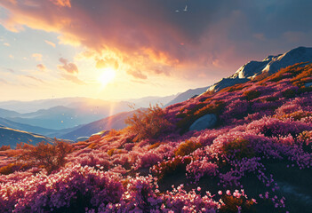 Wall Mural - blooming flowers on a hill with beautiful mountains at  c8e40607-8af0-46f8-972d-5aebbf0ecc11