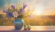 still life fresh sunlight decoration bouquet wild flowers blue vase easter bells background illustration