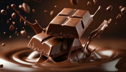 Wall Mural - Pieces of chocolate bars falling into melted chocolate.
