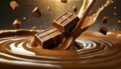 Wall Mural - Pieces of chocolate bars falling into melted chocolate.
