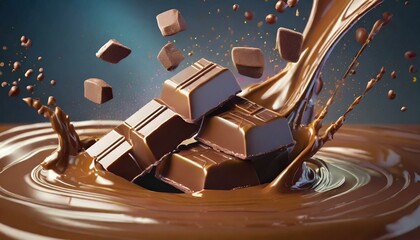 Wall Mural - Pieces of chocolate bars falling into melted chocolate.
